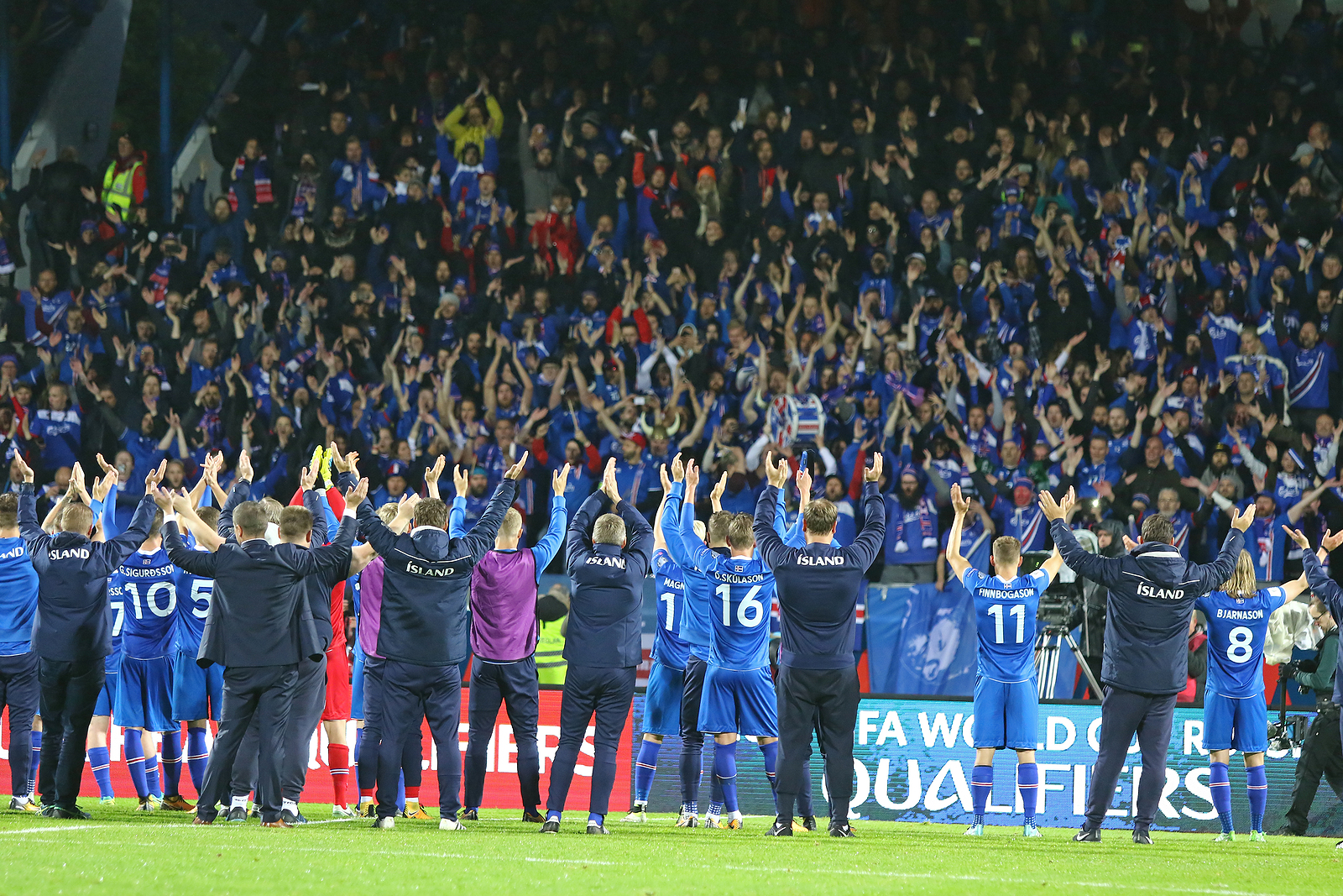 Players of the Iceland National football team thank fans after the FIFA World Cup 2018 qualifying game against Ukraine.
