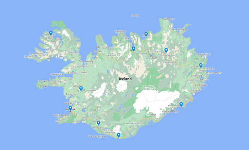 Map of Iceland with 10 pins showing Icelandic towns and cities.