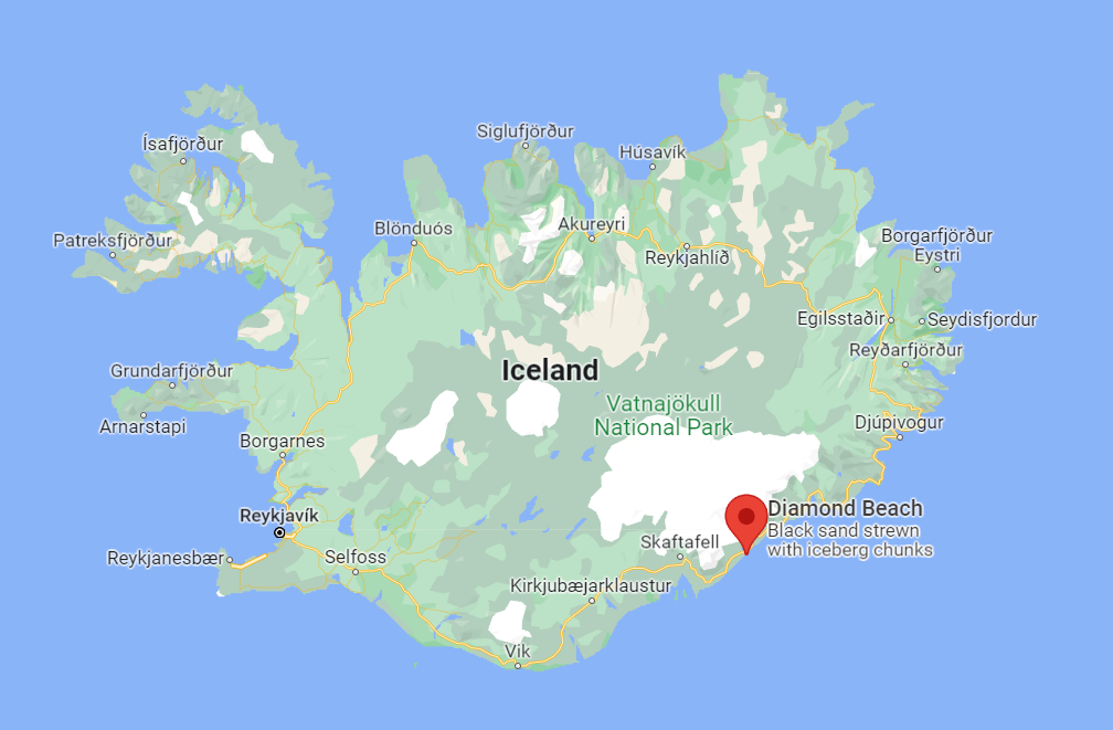 Map of Iceland with Diamond Beach pinpoint from Google Maps