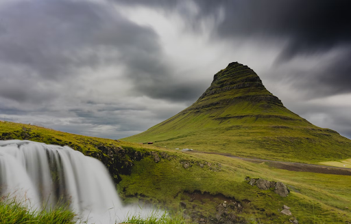 Kirkjufell mountain in Iceland on a cloudy day