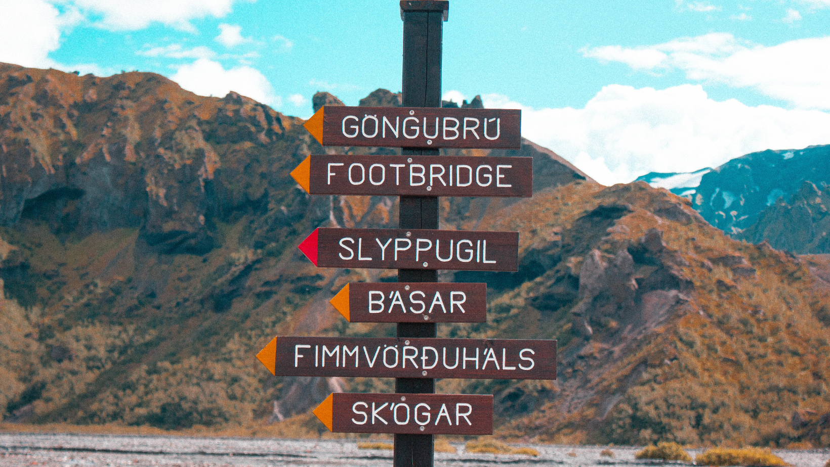 Wooden signs pointing to the directions of different hiking routes in Þórsmörk