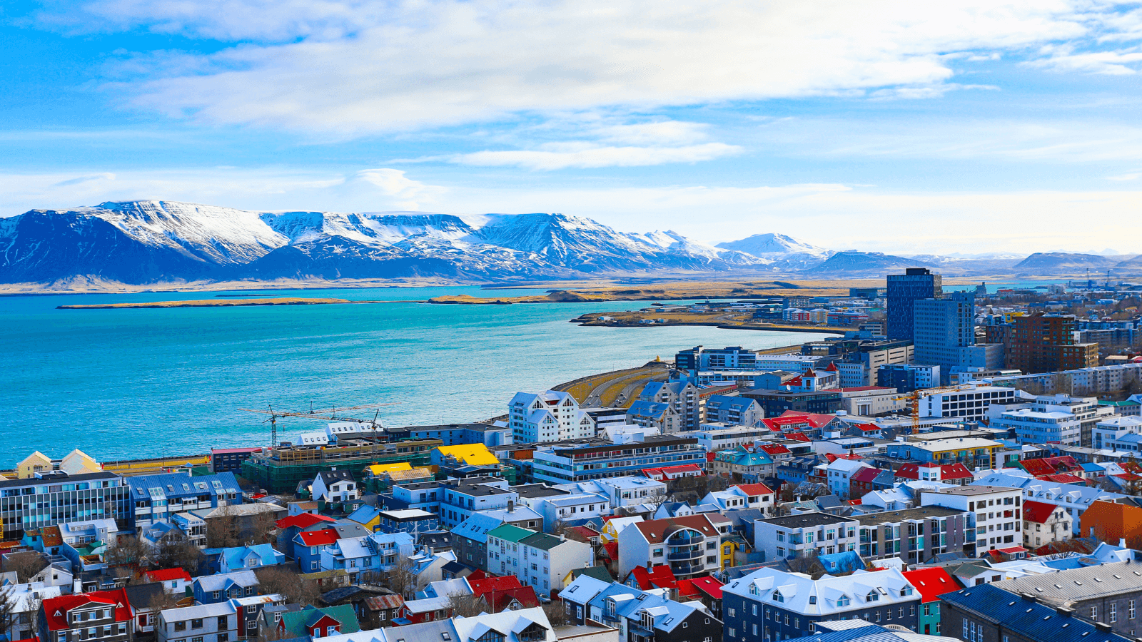 Aerial shot of Reykjavik and the harbor. 