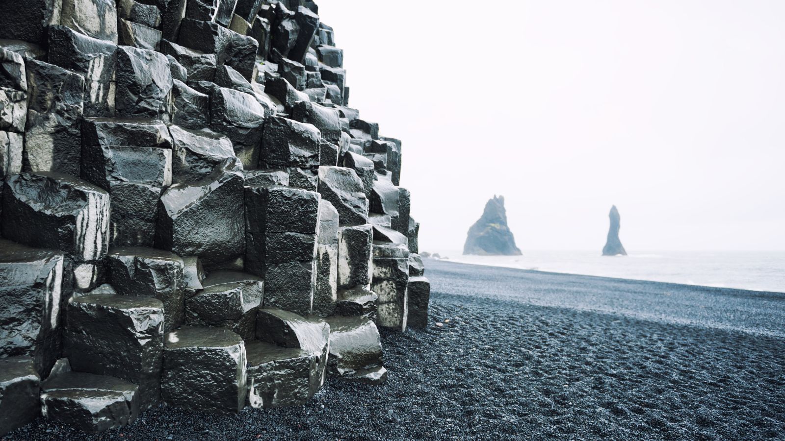 Basalt column cliffs at Reynisfjara beach. 