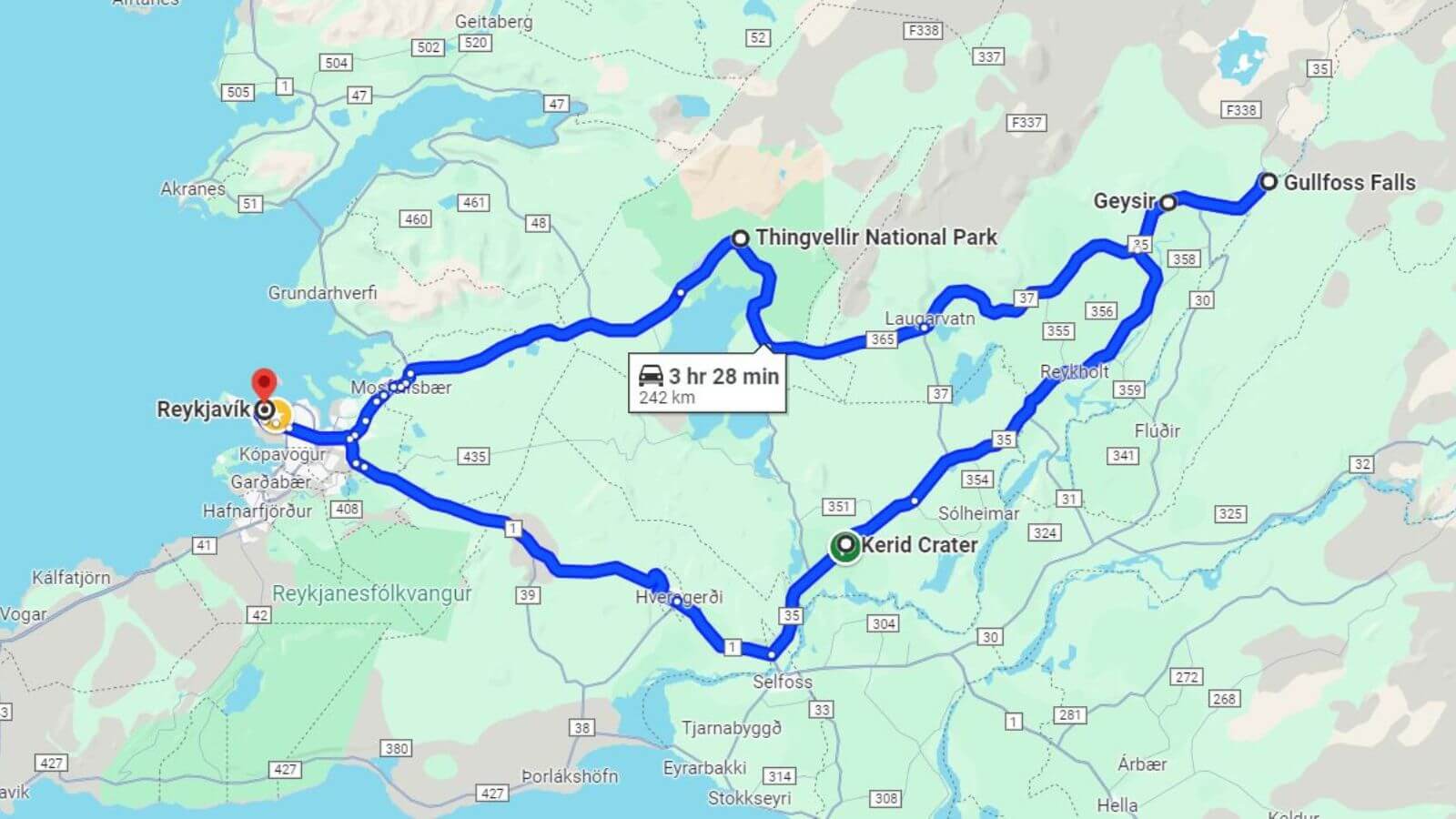 Map of the Golden Circle route in Iceland.