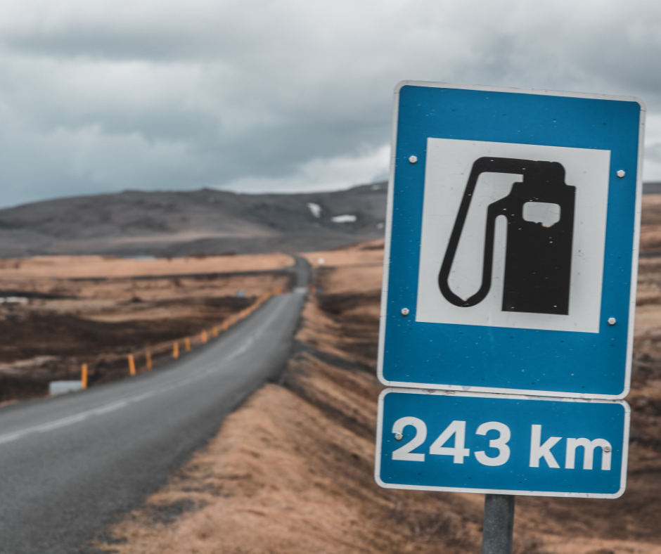 Sign highlighting next gas station in the Highlands of Iceland.