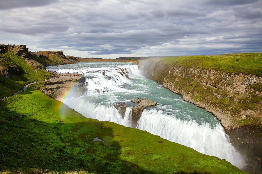  Rainbow across Gullfoss waterfall seen on the Golden Circle route.