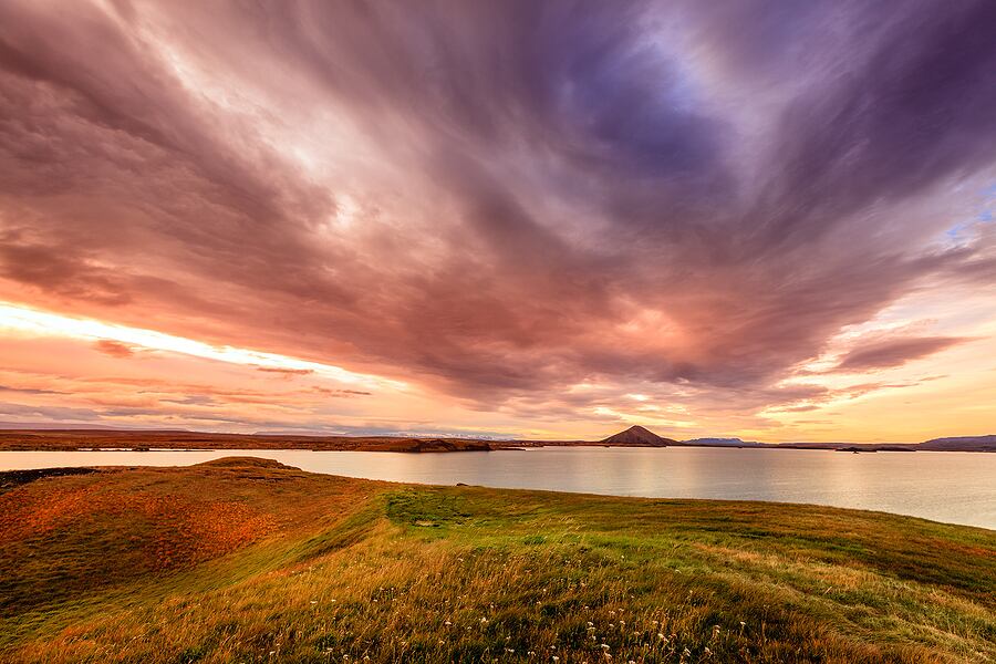 A pink sunset over Lake Mývatn in North Iceland.